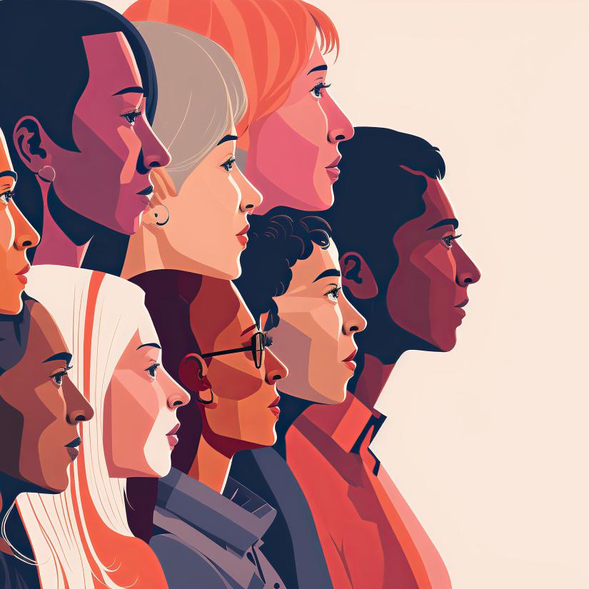 a multitude of faces look to an unseen horizon