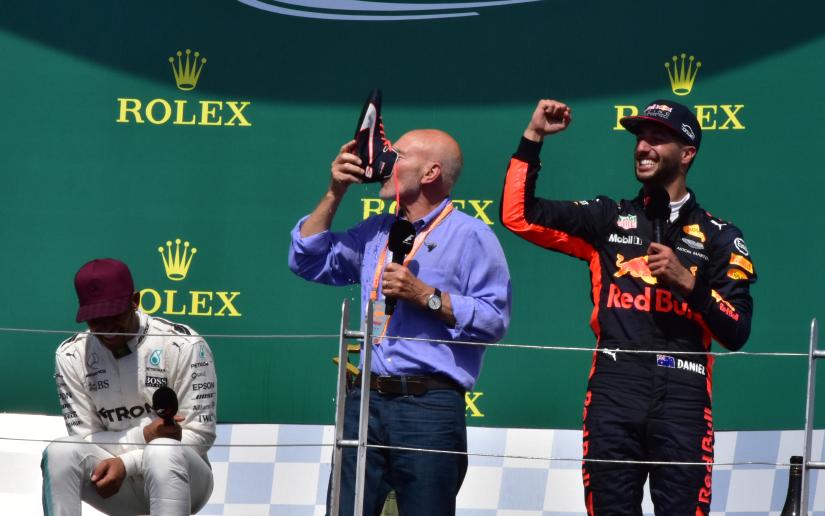 Enthusiastic shoey exponent racing driver Daniel Ricciardo gets Patrick Stewart in on the act at the Canadian Grand Prix. Picture by Pedro Mendes on Wikimedia Commons (CC BY 2.0)
