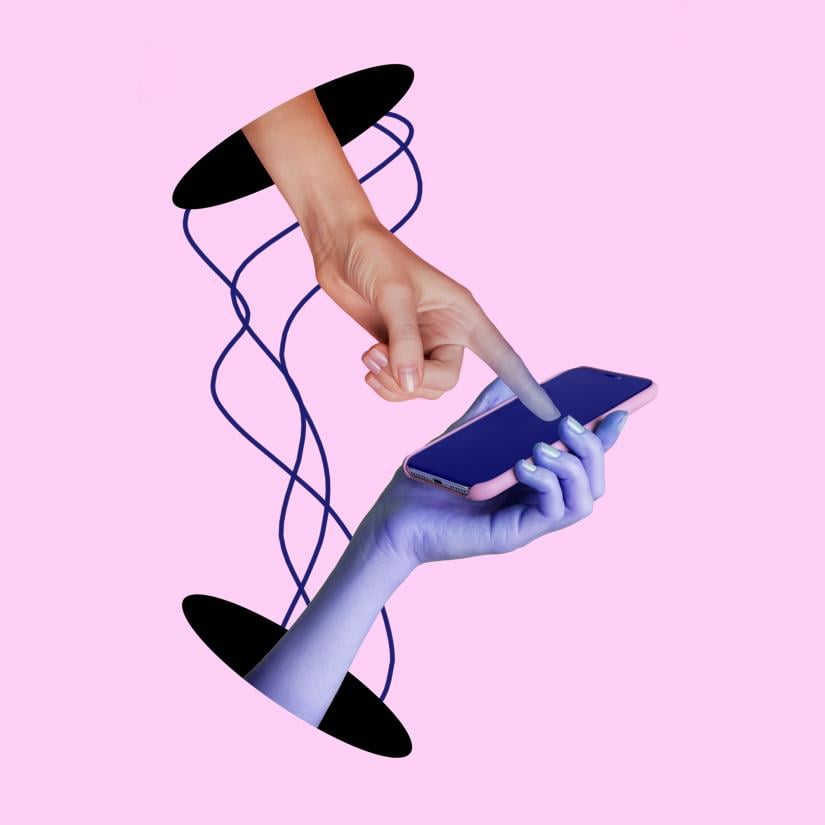 a collage of two hands coming from black holes emanating out of a fluoro pink background One hand points at a phone