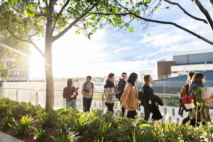 Students on library terrace