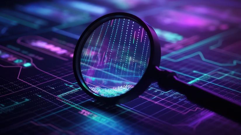 Magnifying glass held up to digital circuit illuminated in blue and purple neon lights.