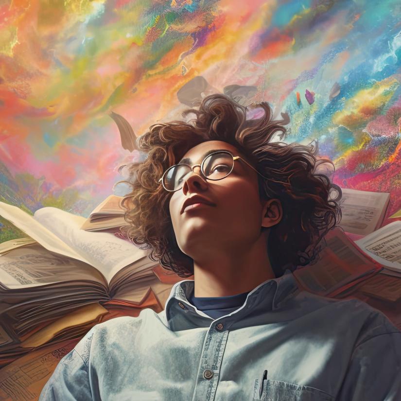 Am idealistic young person using knowledge for new horizons represented by a colourful cloudscape