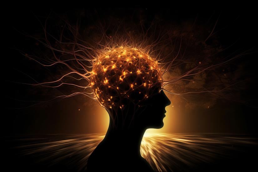 Graphic of a human face in profile with orange light highlighting the brain and neural pathways.