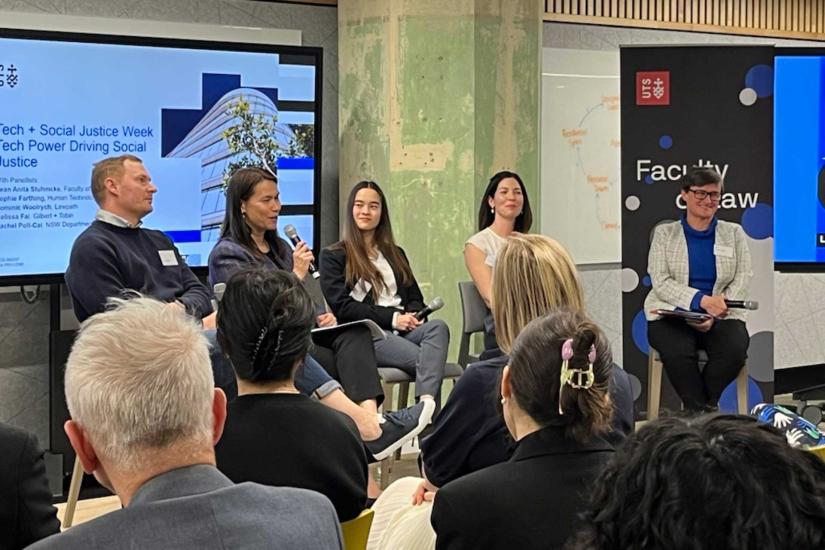 Discussion panel of 5 people at the Tech and social justice event