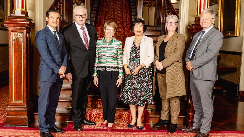 The 2023 Premier's Prize for Science & Engineering Award Ceremony (L to R): the Hon Anoulack Chanthivong MP, Minister for Innovation Science and Technology, Mr Dennis Wilson, Her Excellency the Hon Margaret Beazley AC KC, Governor of NSW, Distinguished Professor Jie Lu AO, the Hon Penny Sharpe MLC, Minister for Climate Change, Energy, the Environment and Heritage, Professor Hugh Durrant-Whyte, NSW Chief Scientist & Engineer.