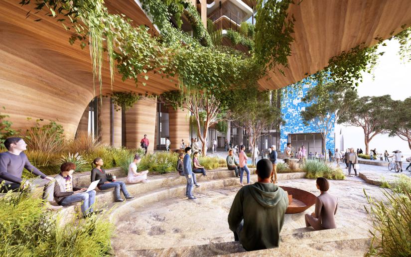 An image render of the ground level view of the National First Nations College.