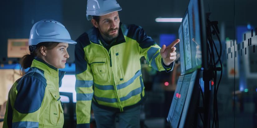 Two engineers collaborating on a project using a digital screen