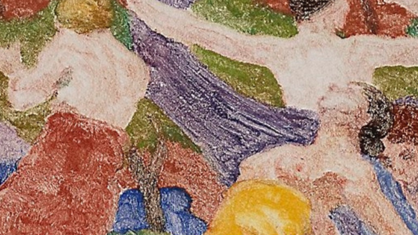 Brightly coloured abstract painting that includes 4 women.