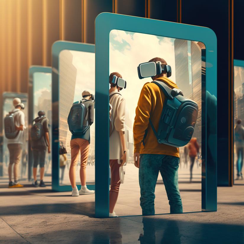 People with VR headsets staring into doorways that look like screens