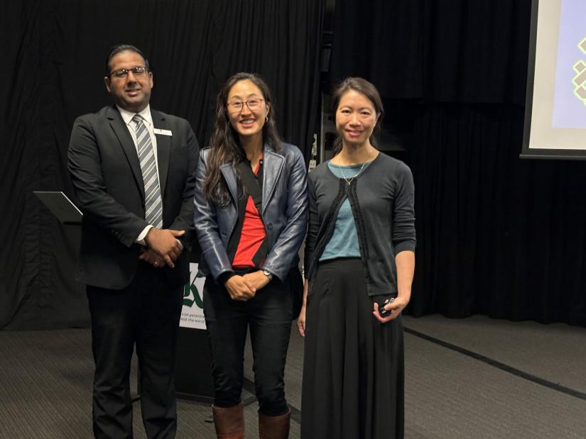 Principal Robin Chand, Joanne Yoo and Pauline Kohlhoff
