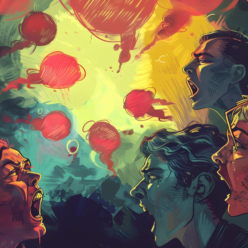 Faces reddened and zombie green coloured, mouths open in derision, red speech bubbles hovering above