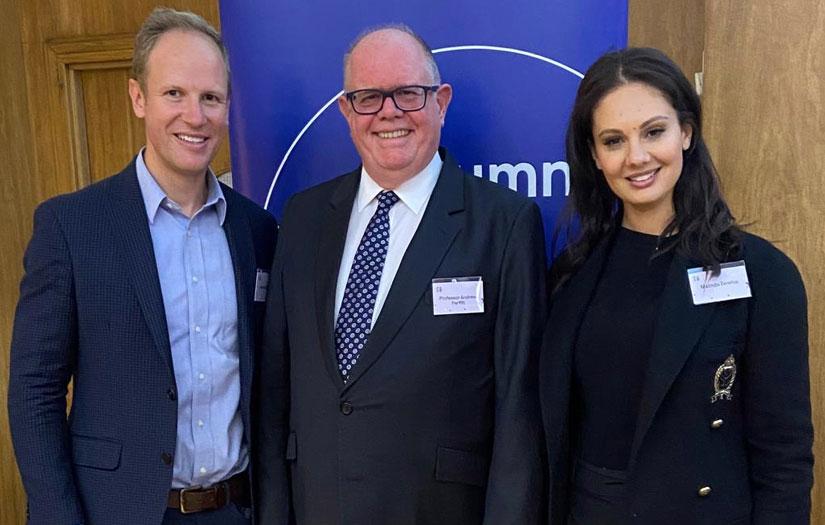 Jeremy Basset on left of image VC Professor Andrew Parfitt centre and Malinda Zerefos right looking and smiling at the camera in business attire.