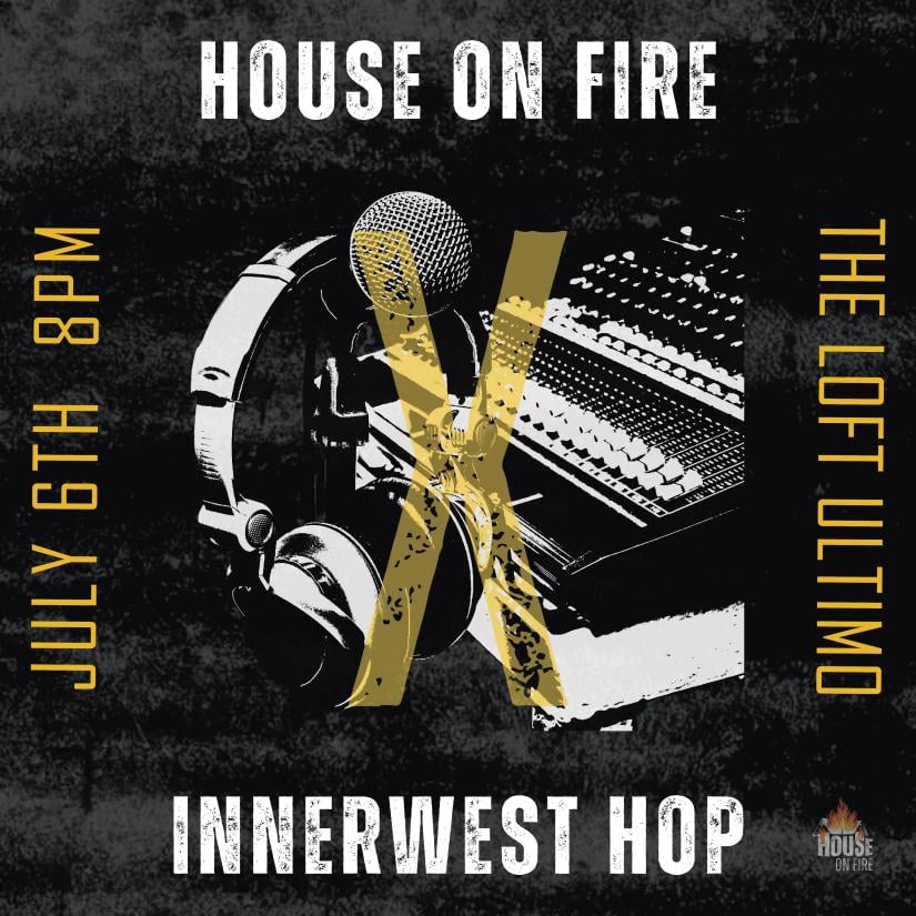 Concert poster with image of microphone, headphones and sound desk