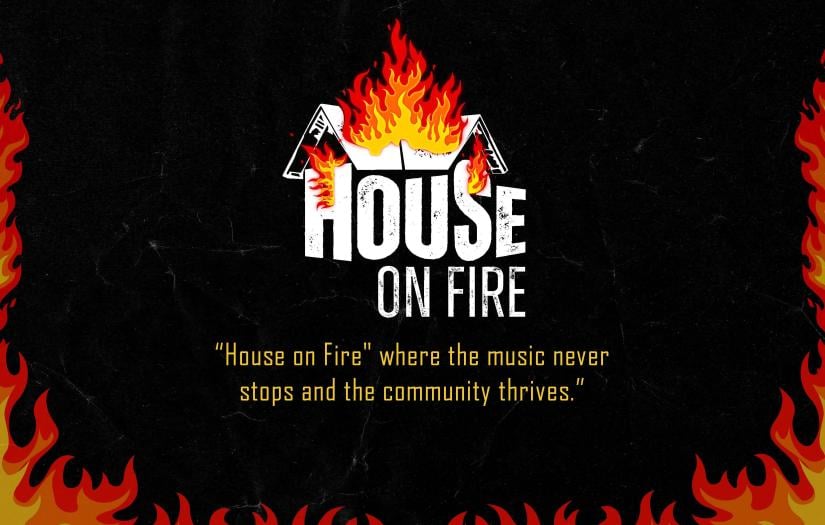 white logo image of house burning against a black background with text 