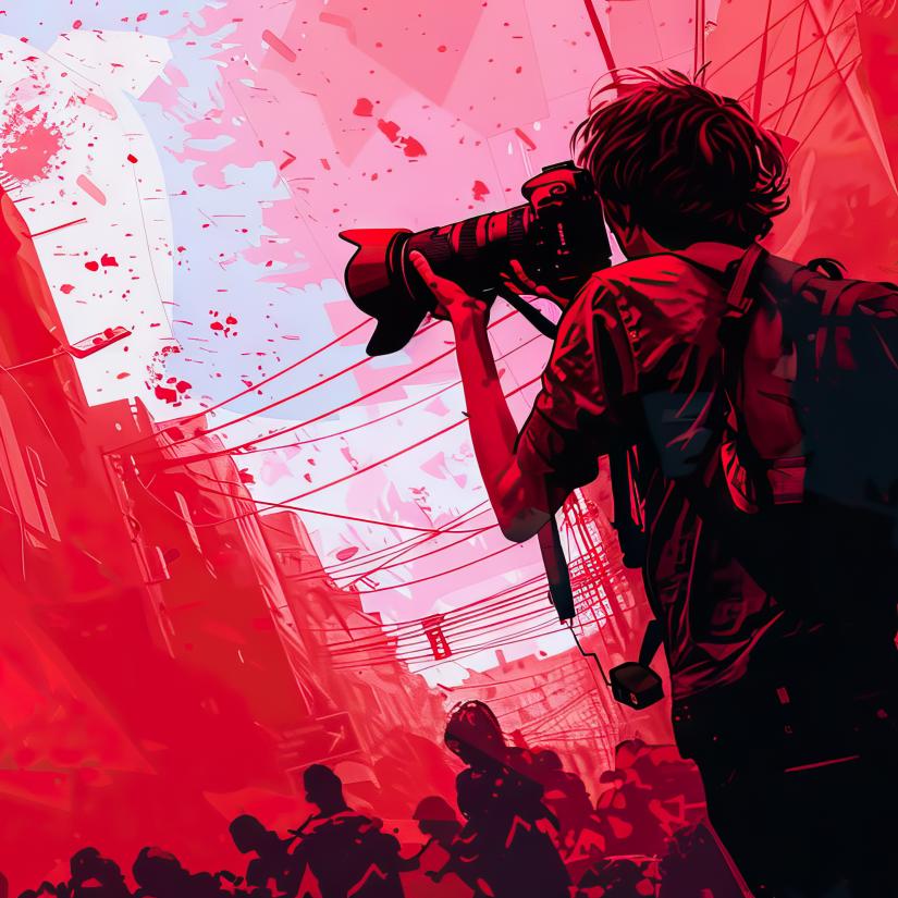A photo journalist illustrated in a red blazoned street scene
