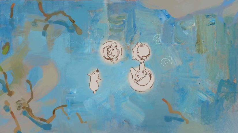 Still from the animated short film Dust. The drawing is an overhead shot of three children playing with their dog.