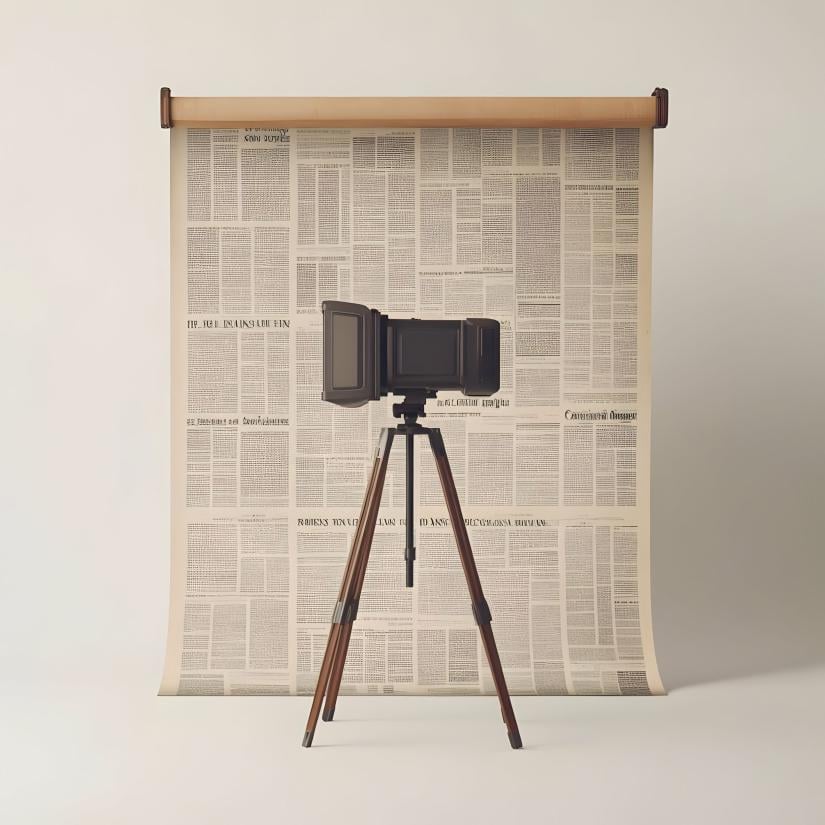 A camera in from of a studio backdrop made from newspaper