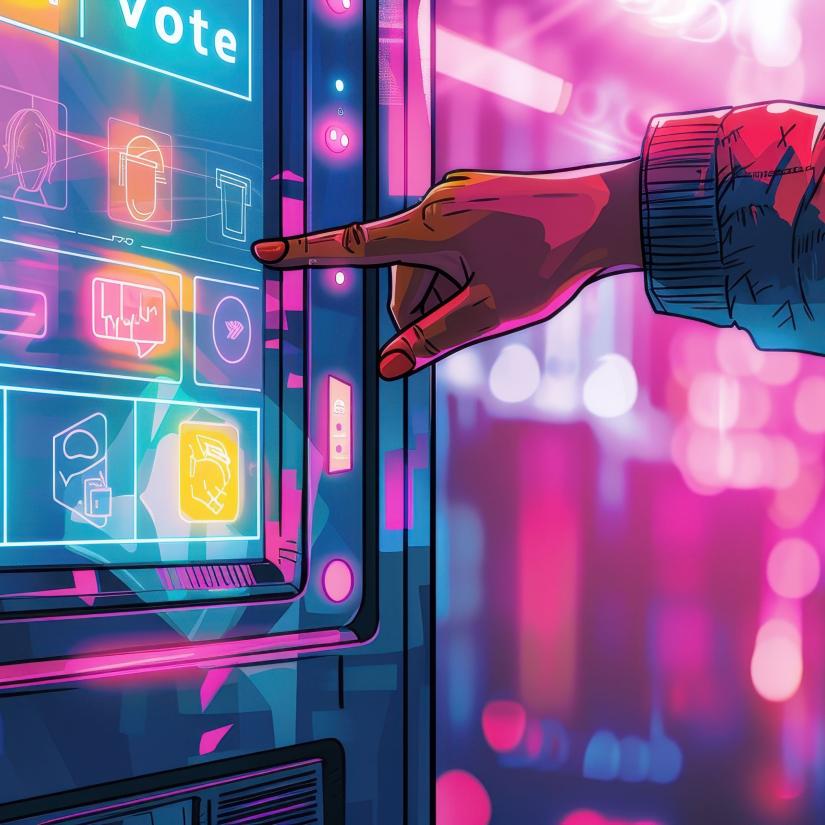 A finger points at a vote screen that looks like a vending machine