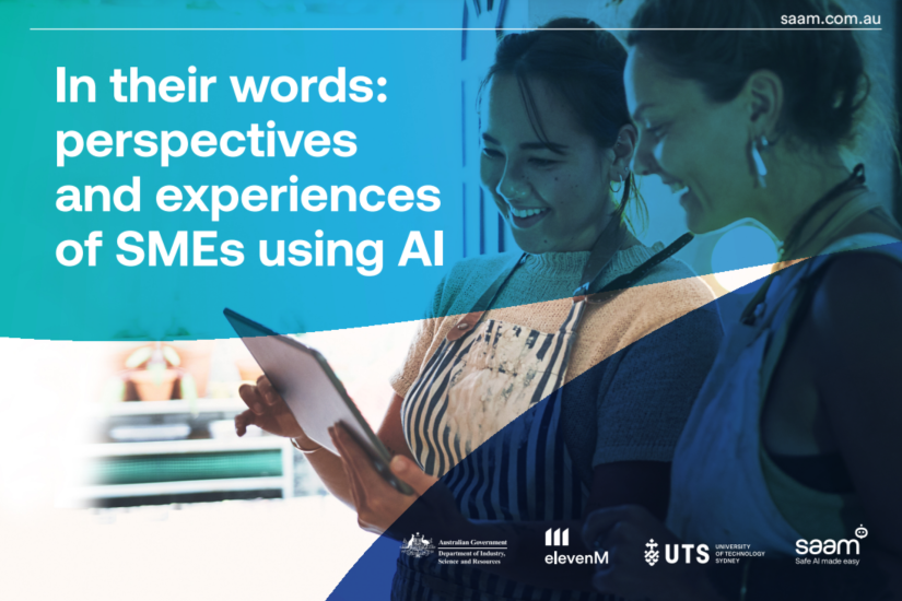 Two women looking at ipad, text of report title next to them