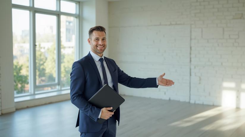 Real estate agent exhibits a spacious, empty office with large windows
