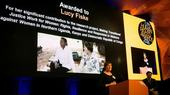UTS Chancellor's Post Doctoral Research Fellow Lucy Fiske speaking after accepting the Jo Wilton Memorial Award for Women