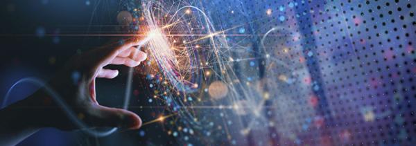 Hand pointing into the future representing technology