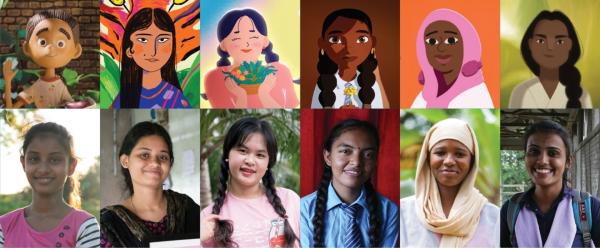 A banner image of a number of girls on the lower rung, with their animated selves on the upper rung