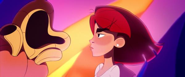 An animated still where a red-headed woman stares down an anthropomorphic jumper