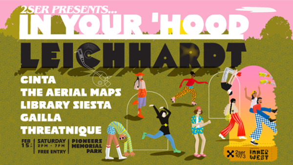 cartoon graphic of people in colourful clothes in a park setting