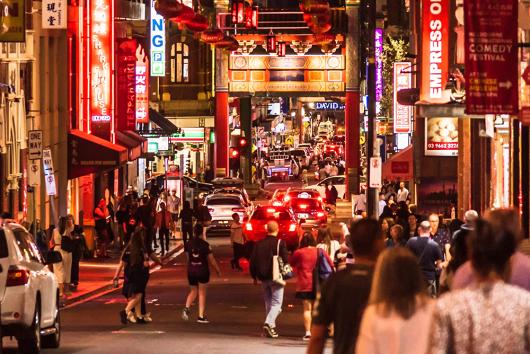Melbourne, Victoria, Australia, March 7th 2019: The many signs, lights and lanterns in the chinatown area in the centre of Melbourne in the early evening. By Adam Calaitzis