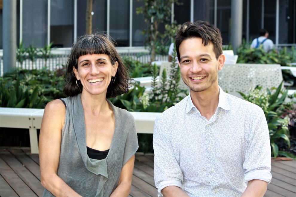 one male and one female academic at alumni green