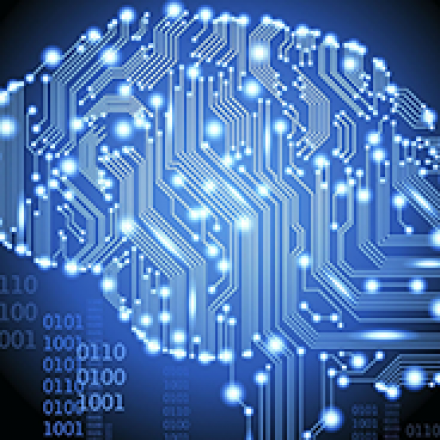 abstract circuit in the shape of a brain with bright connections. zeros and ones in the background