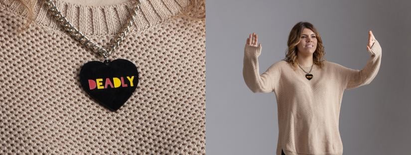 Two images side-by-side, the first image features Shannan Dodson's necklace and the second image shows Shannan Dodson standing up with her hands held out in front of her face.