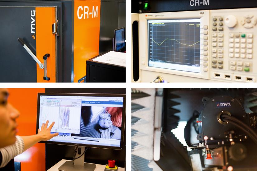 Grid of four images, clockwise from top left: MVG mini compact range antenna chamber, PNA network analyser, Real-time observation of in-situ antenna patterns, Close-up view of compact range feed