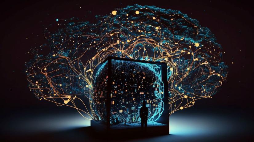 Network of lights wrapped around tree branches with a silhouetted figure standing in front of a box