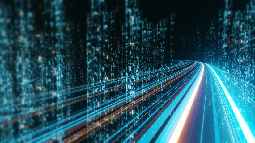 Glowing path winding around the corner of a virtual wall of code.
