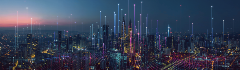 Aerial view of a cityscape at night