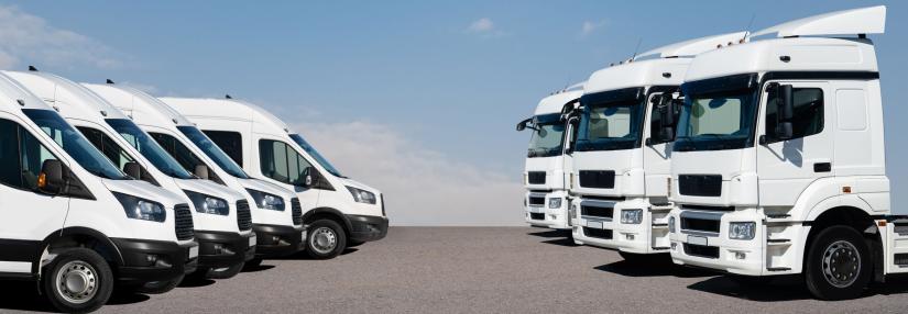 Semi trucks and delivery vans are parked in rows. Commercial fleet