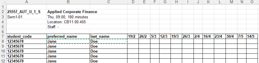 Classlist excel screenshot