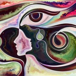 Swirling abstracted watercolour of faces, eyes and tears