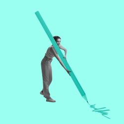 a woman holds an illustration of a pen