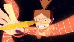 Animated still of a young girl clasping at a pen