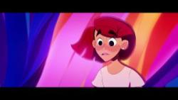 Animated still of a woman standing amongst a colourful series of drapes