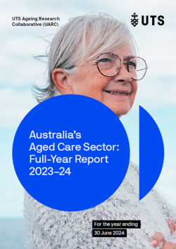 Elderly woman with glasses looking off into the distance, with circle image with the words "Australia's Aged Care Sector: Full Year Report 2023-2024"