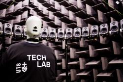 Photo of the Hemi-anechoic chamber with audio and acoustic equipment