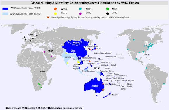 World map showing the distribution of Nursing and Midwifery WHO Collaborating Centres by WHO region