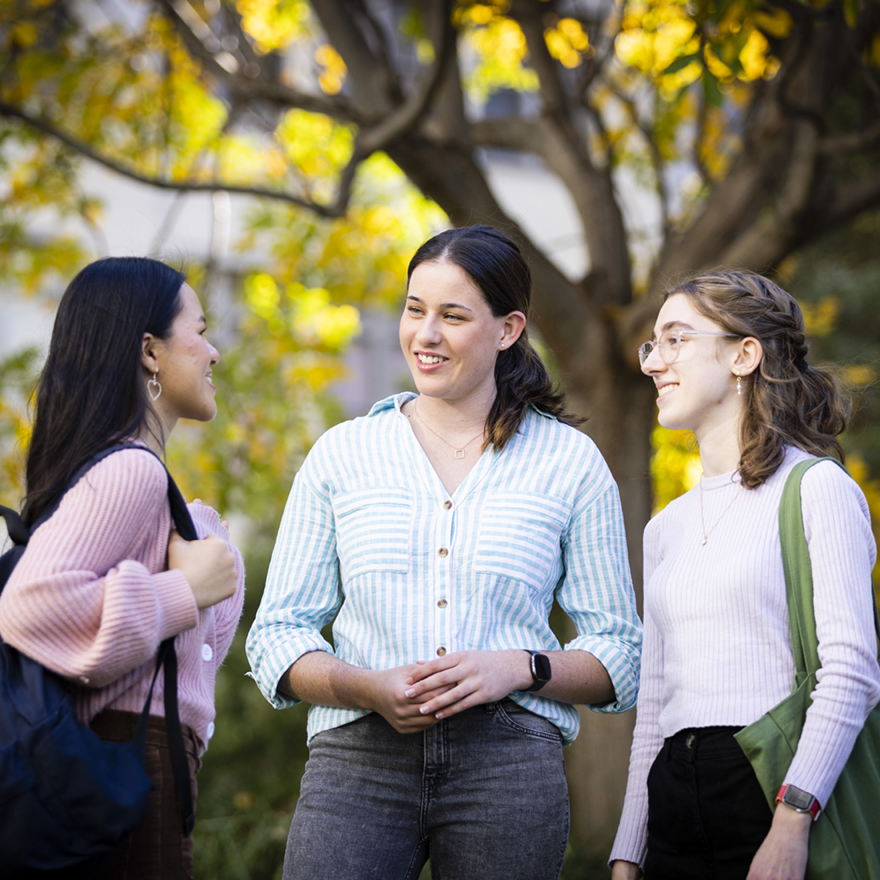 Three students chat outside