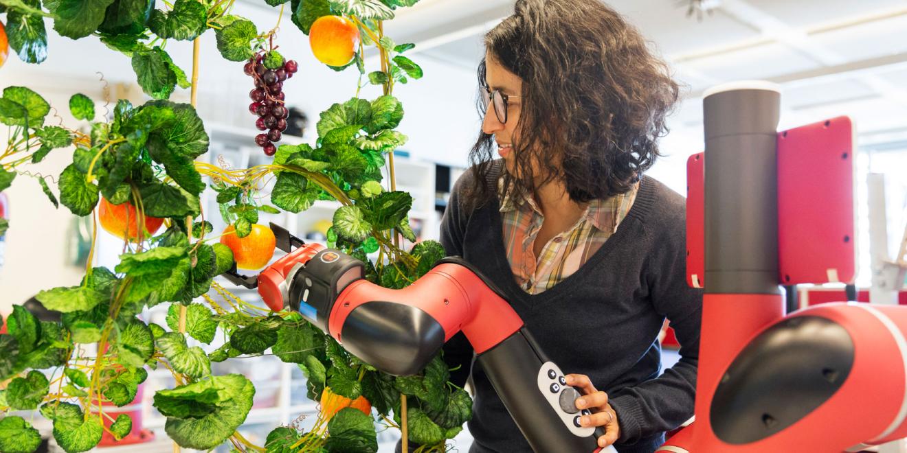 A woman using the robotic arm to pick fruit