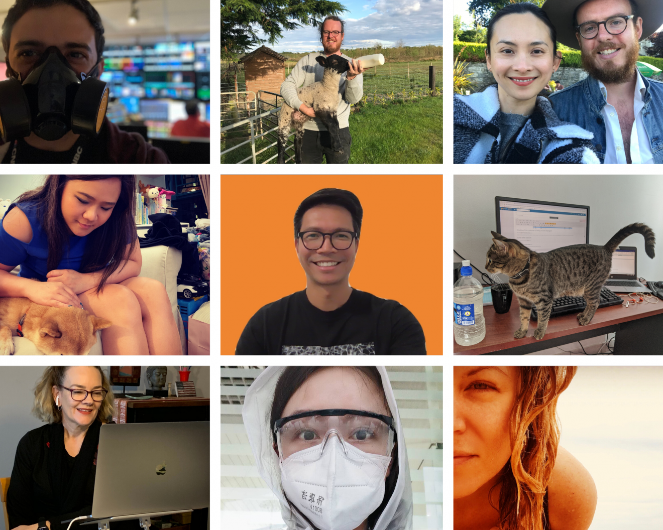 A nine square collage of images. L to R top row: man in news studio wearing PPE mask; man feeding baby calf in Irish farmland; selfie image of man and woman. L to R second row: girl patting a dog, man in Zoom video-conference, cat at a computer desk. L to R bottom row: woman sitting at her computer, girl wearing white PPE mask, hood and protective glasses; selfie of girl at beach