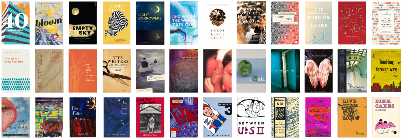 Covers of the last 35 editions of the UTS creative writers' anthology
